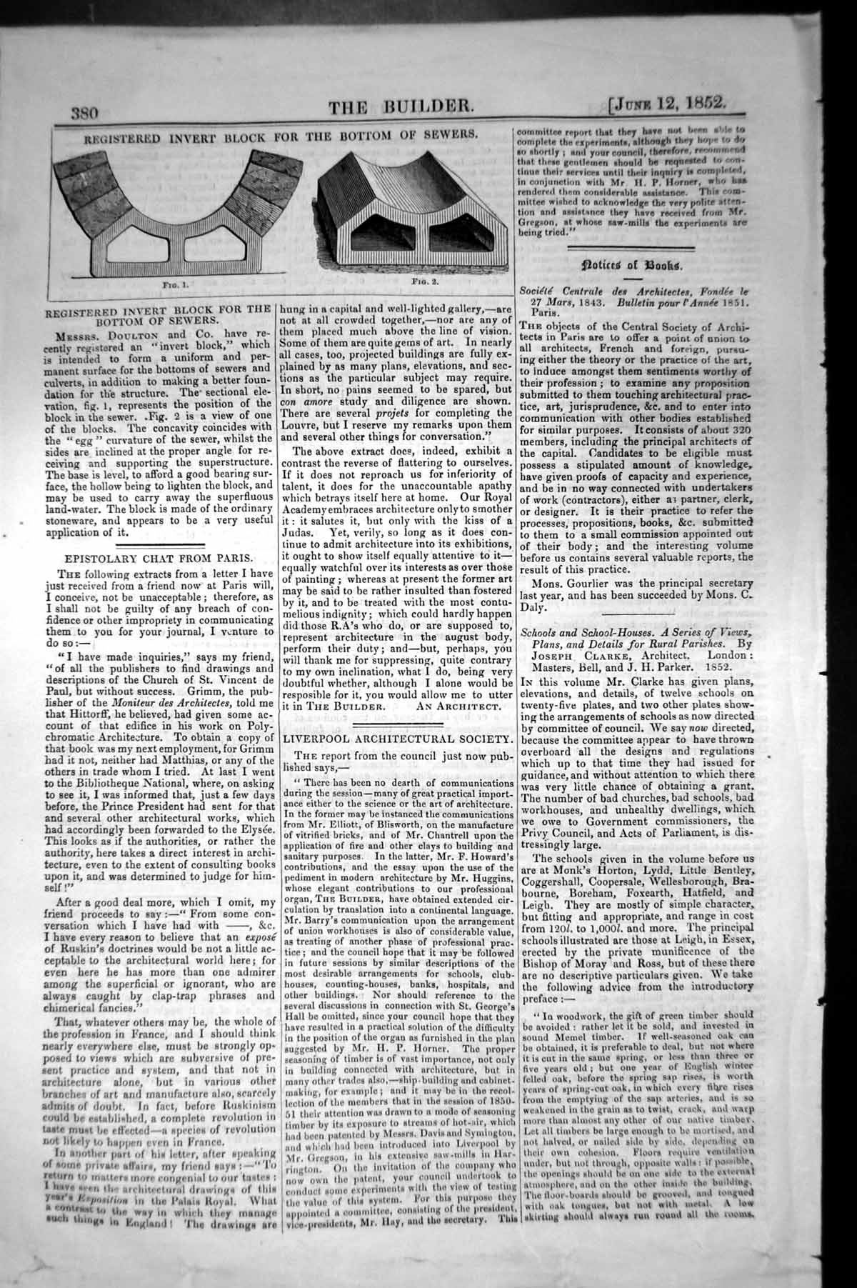 Old Print Registered Invert Block Bottom Sewers Architecture 1852 Builder 19th