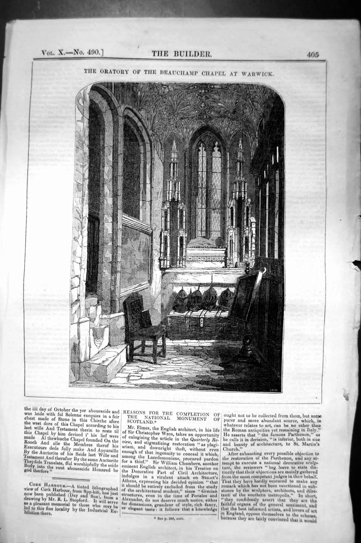 Antique Old Print Oratory Beauchamp Chapel Warwick Architecture 1852 Builder