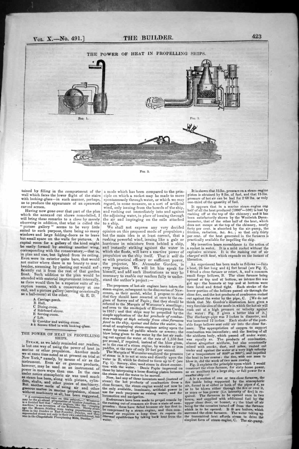 Original Old Antique Print Power Heat Propelling Ships Engineering 1852 Builder