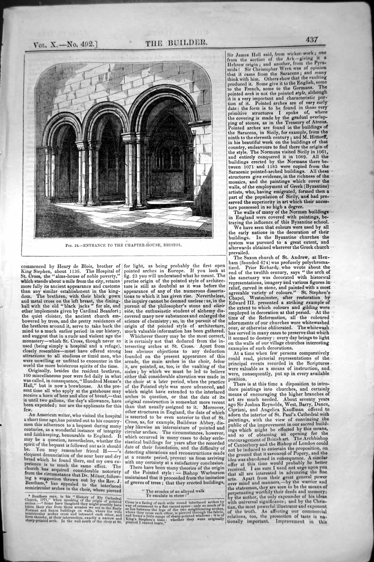 Antique Old Print Entrance Chapter House Bristol Architecture 1852 Builder 19th