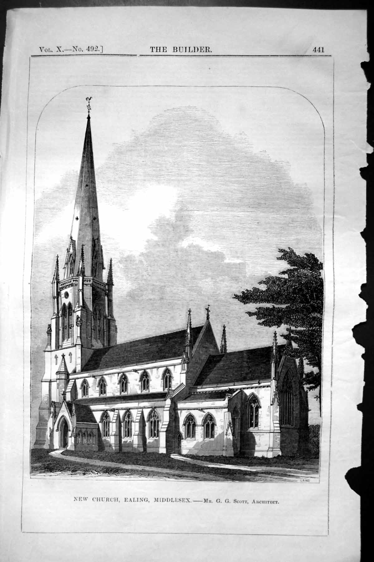 Old Antique Print Church Ealing Middlesex Scott Architecture 1852 Builder 19th