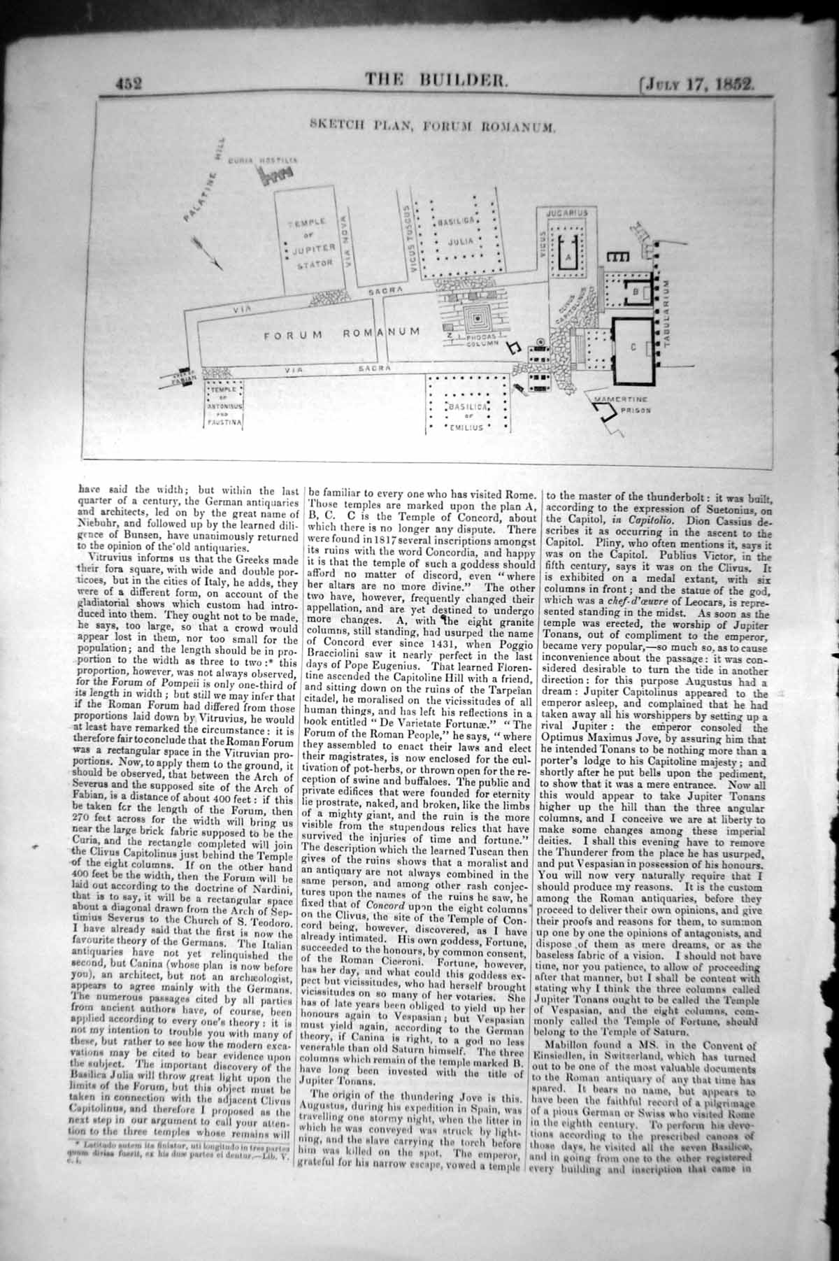 Original Old Antique Print Sketch Plan Forum Romanum Architecture 1852 Builder