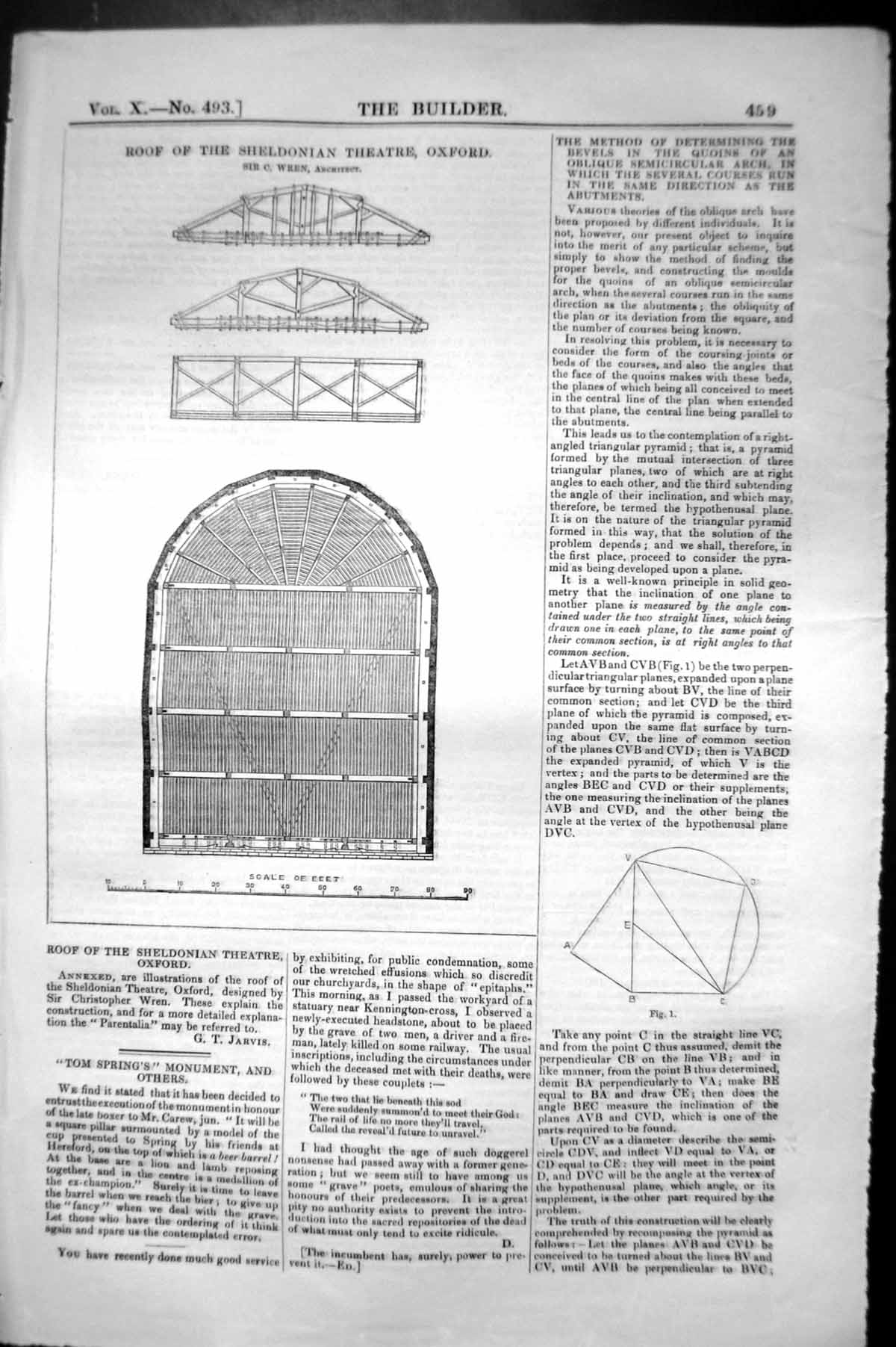 Old Print RoSheldonian Theatre Oxford Christopher Wren Architecture 1852 19th