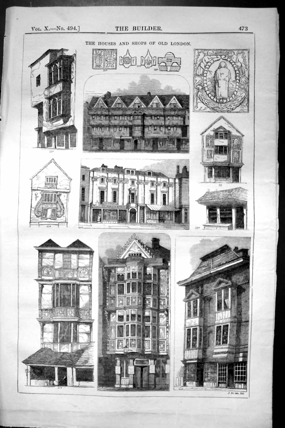 Original Old Antique Print Houses Shops London Street Architecture 1852 Builder