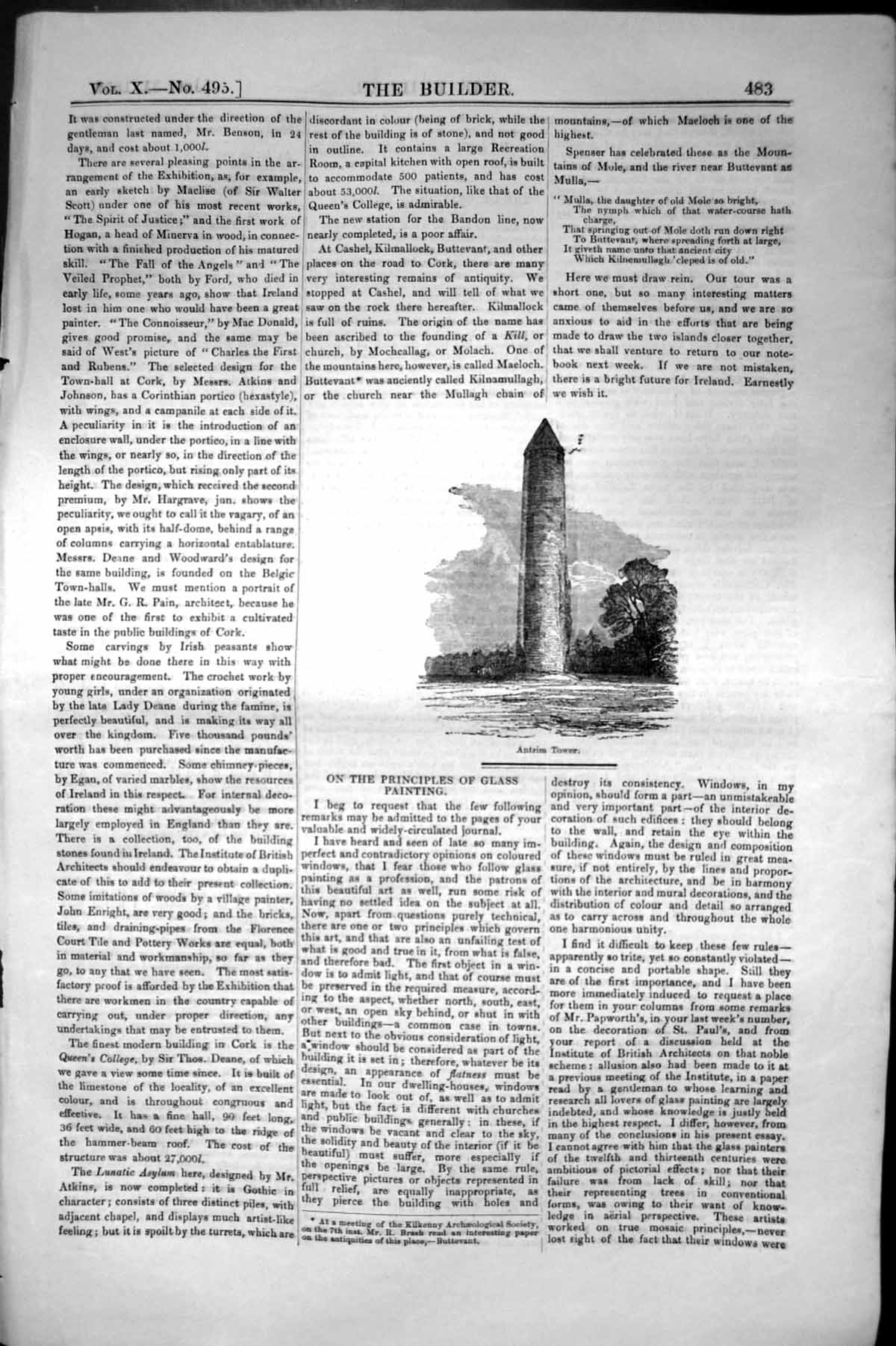 Original Old Antique Print Antrim Tower Ireland Architecture 1852 Builder 19th