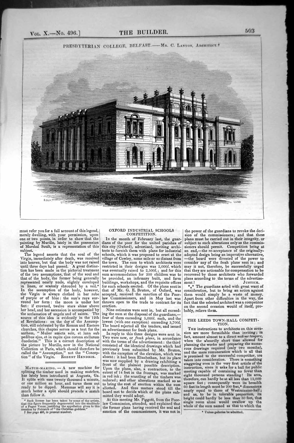 Antique Print Presbyterian College Belfast Lanyon Architecture 1852 Builder