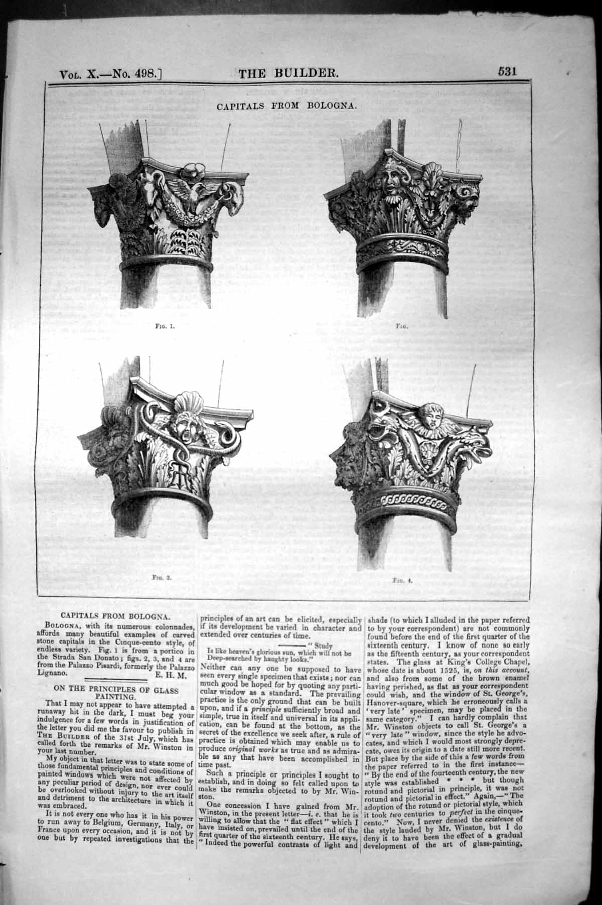 Antique Old Print Capitals Bologna Palazzo Lignano Architecture 1852 Builder
