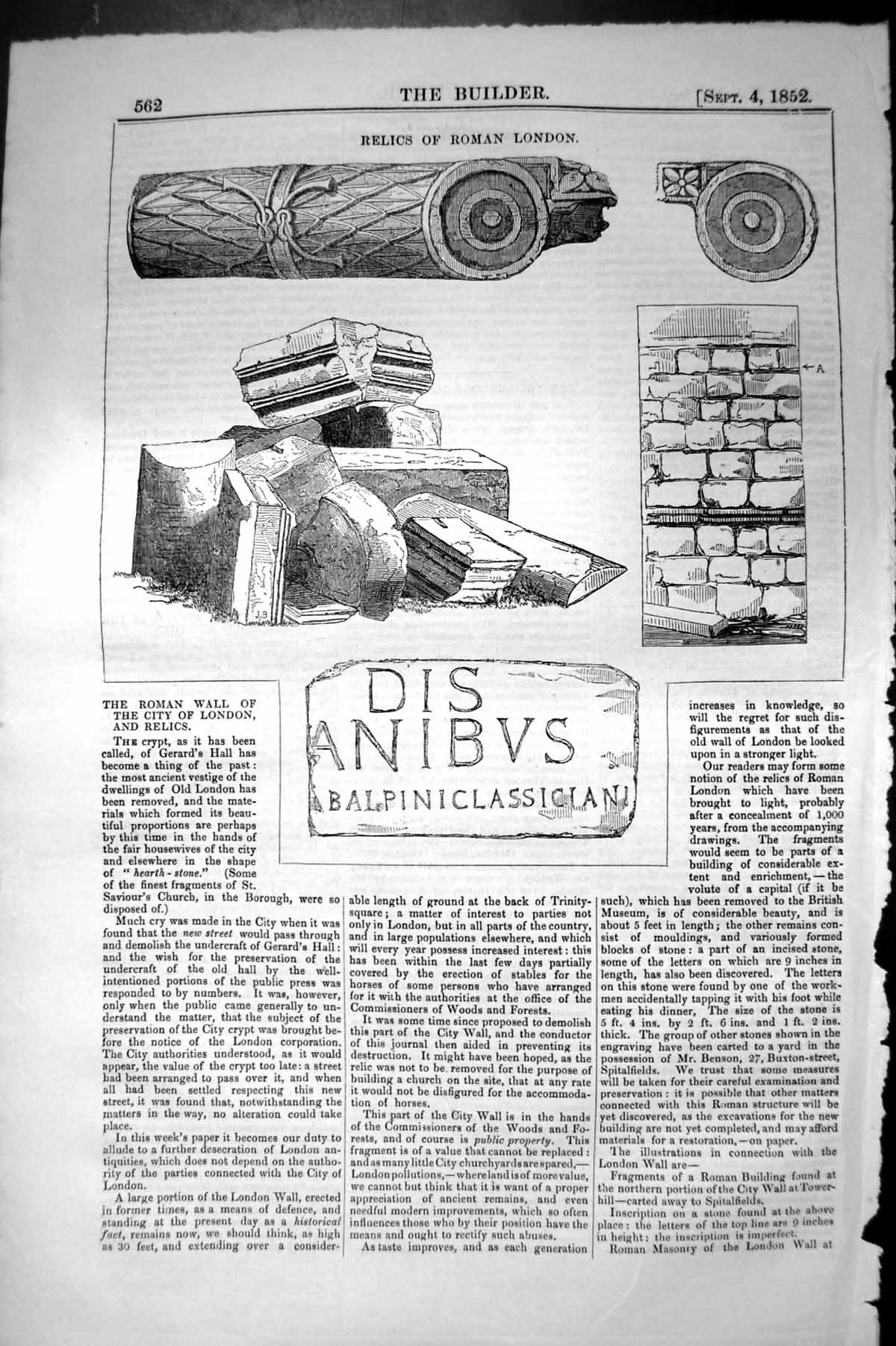 Original Old Antique Print Relics Roman London Archaeology 1852 Builder 19th