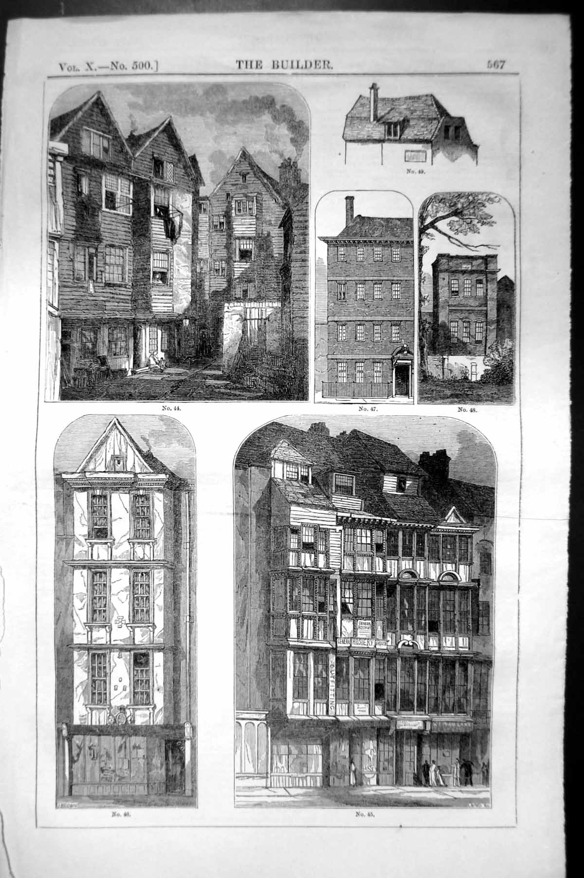 Original Old Antique Print Houses Buildings Street Architecture 1852 Builder