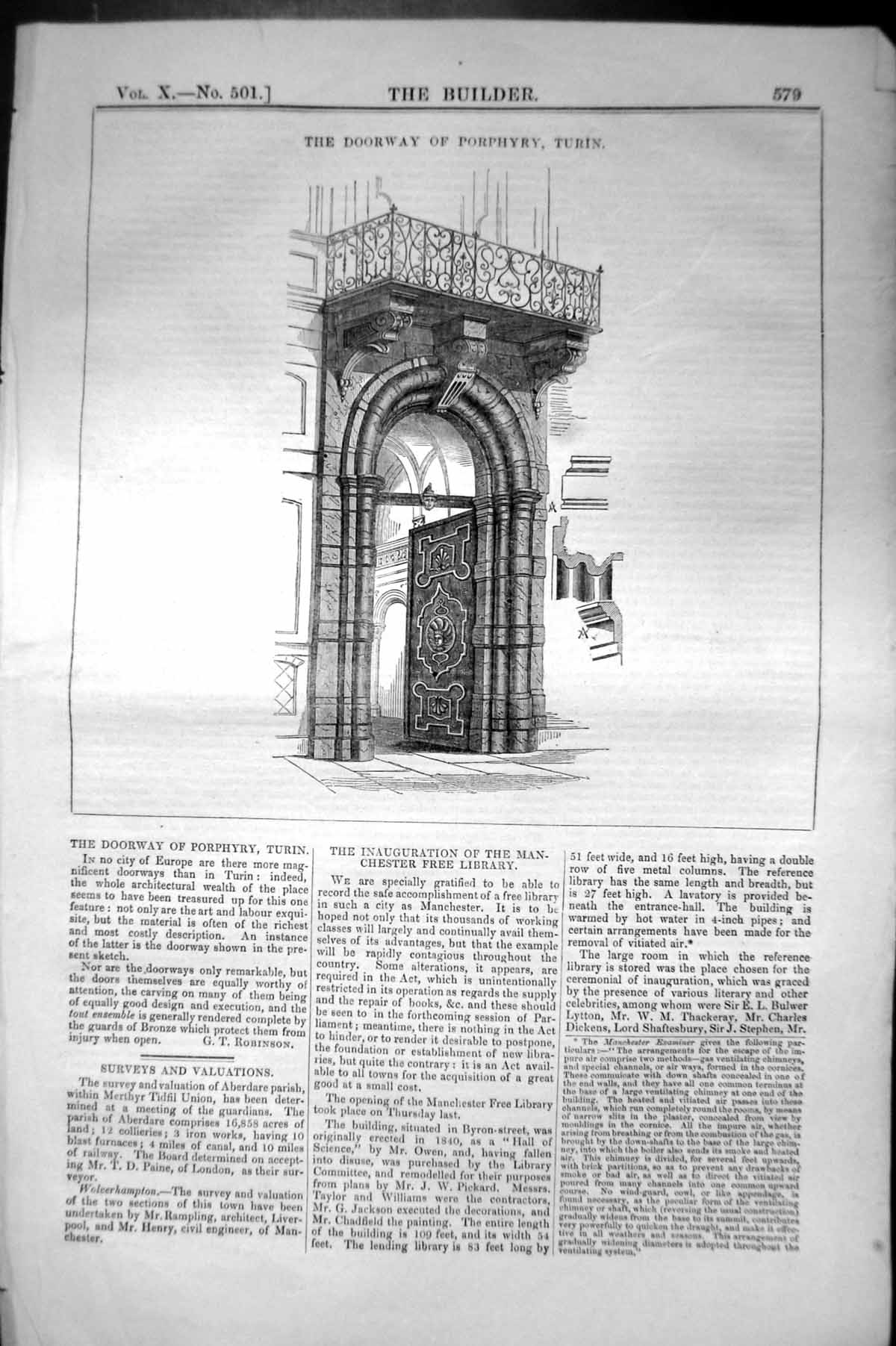 Old Antique Print Doorway Porphyry Turin Italy Architecture 1852 Builder 19th