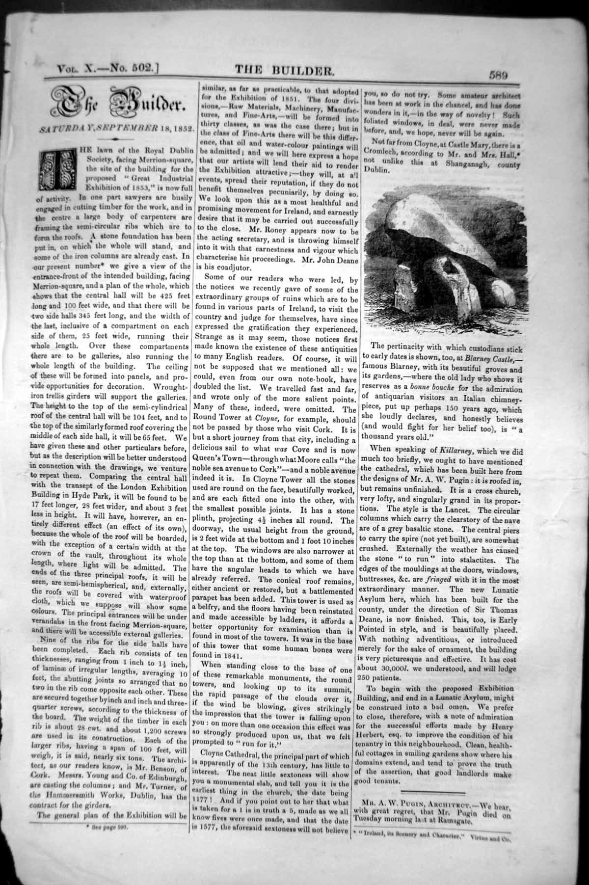 Original Old Antique Print Cromlech Shanganagh Dublin Irelan 1852 Builder 19th