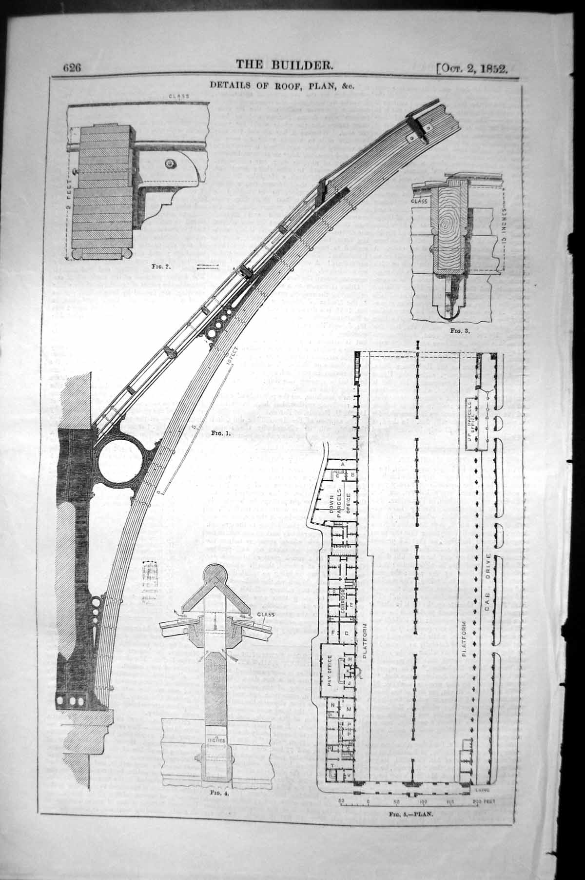 Antique Old Print Architecture 1852 Builder Details RoPlan Railway Station 19th