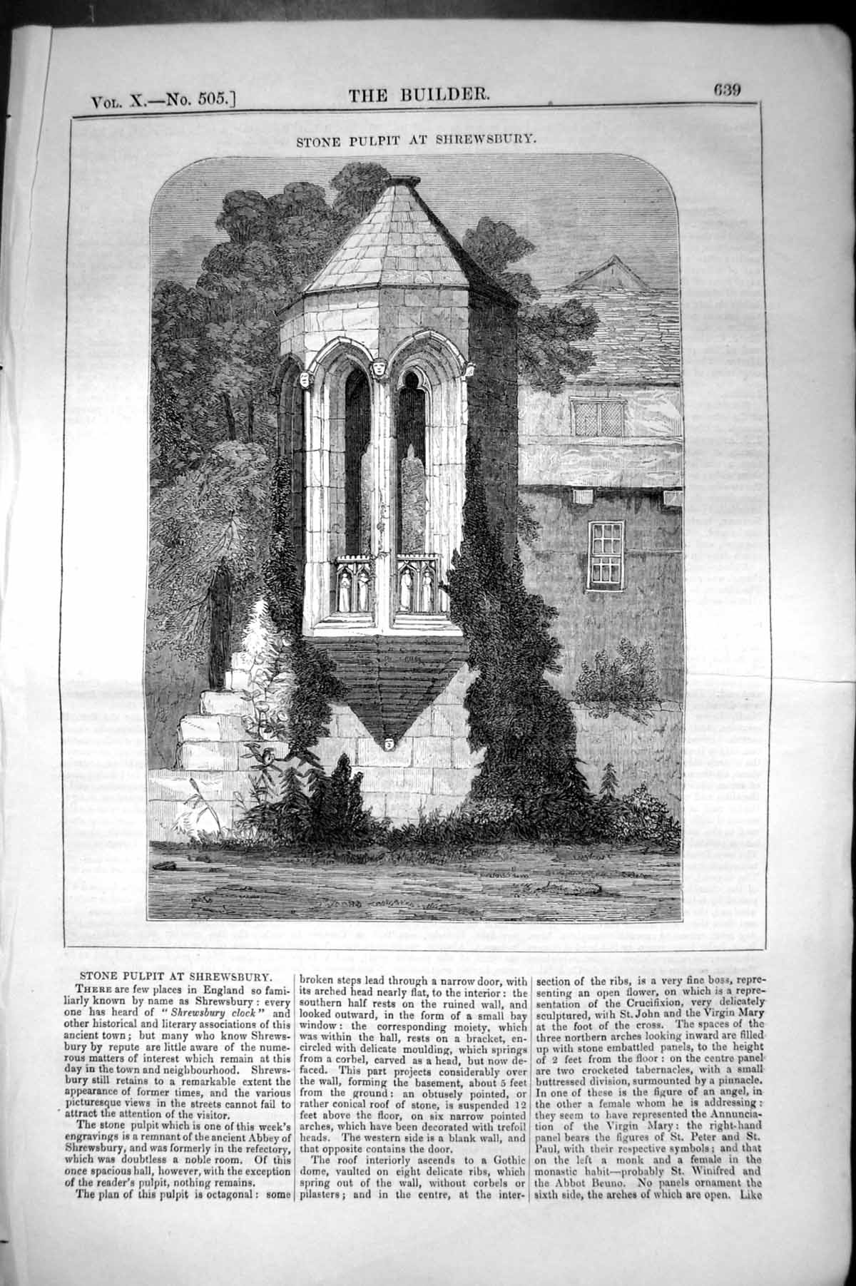 Original Old Antique Print Stone Pulpit Shrewsbury Architecture 1852 Builder