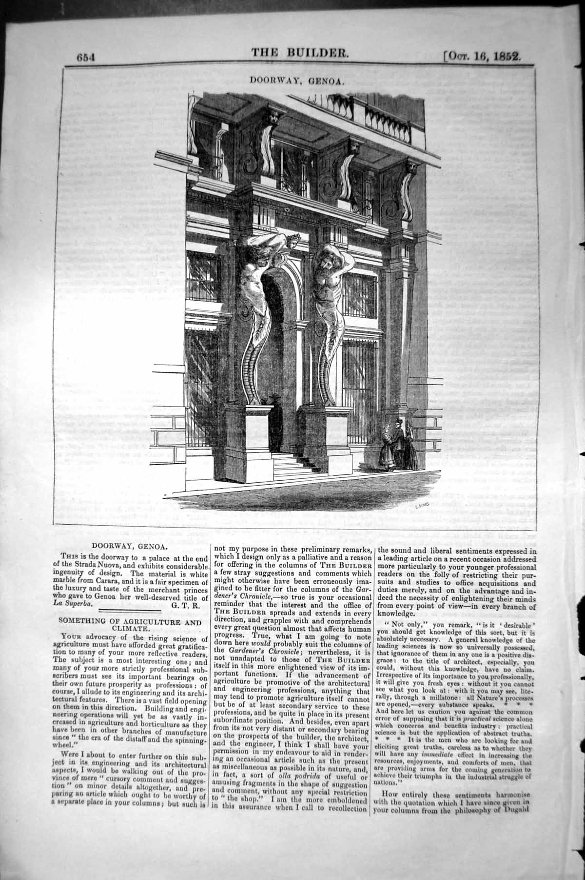 Original Old Antique Print Doorway Genoa Strada Nuova Architecture 1852 Builder