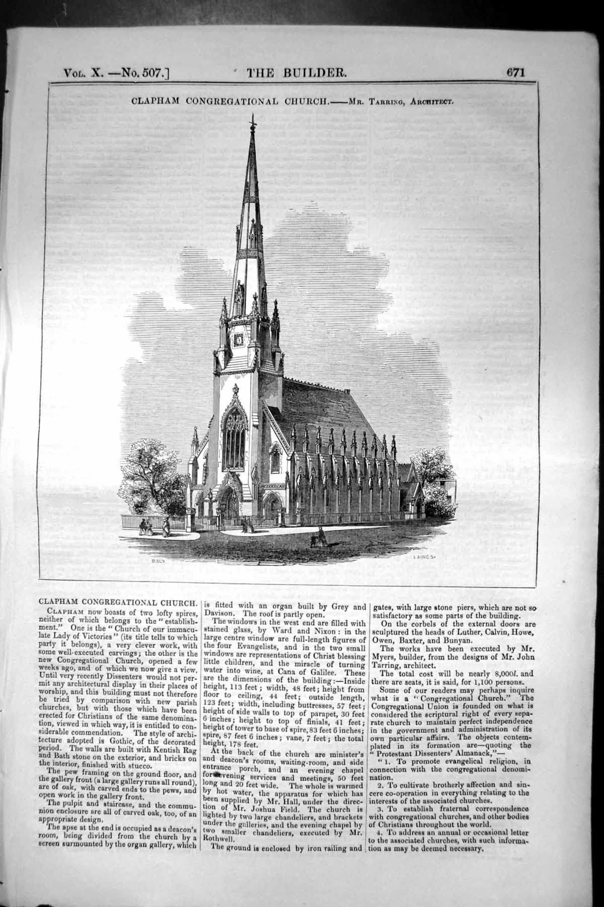 Old Print Clapham Congregational Church Tarring Architecture 1852 Builder 19th