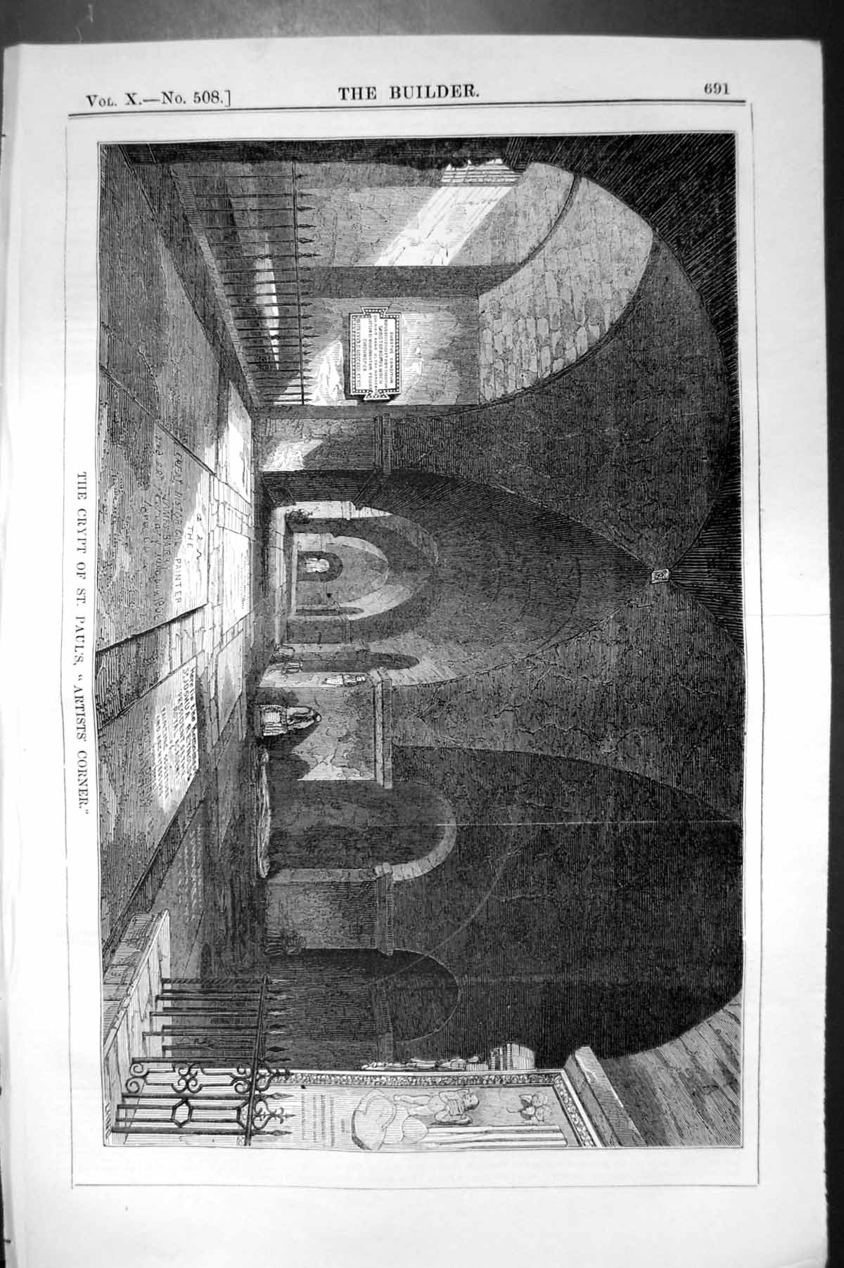 Antique Old Print Crypt St. Paul'S Artists Corner Architecture 1852 Builder