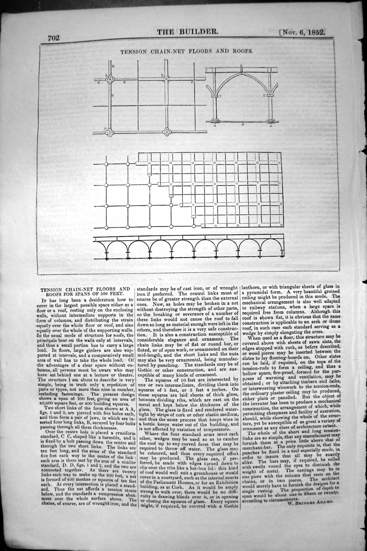 Original Old Antique Print Tension Chain-Net Floors Roofs 1852 Builder 19th