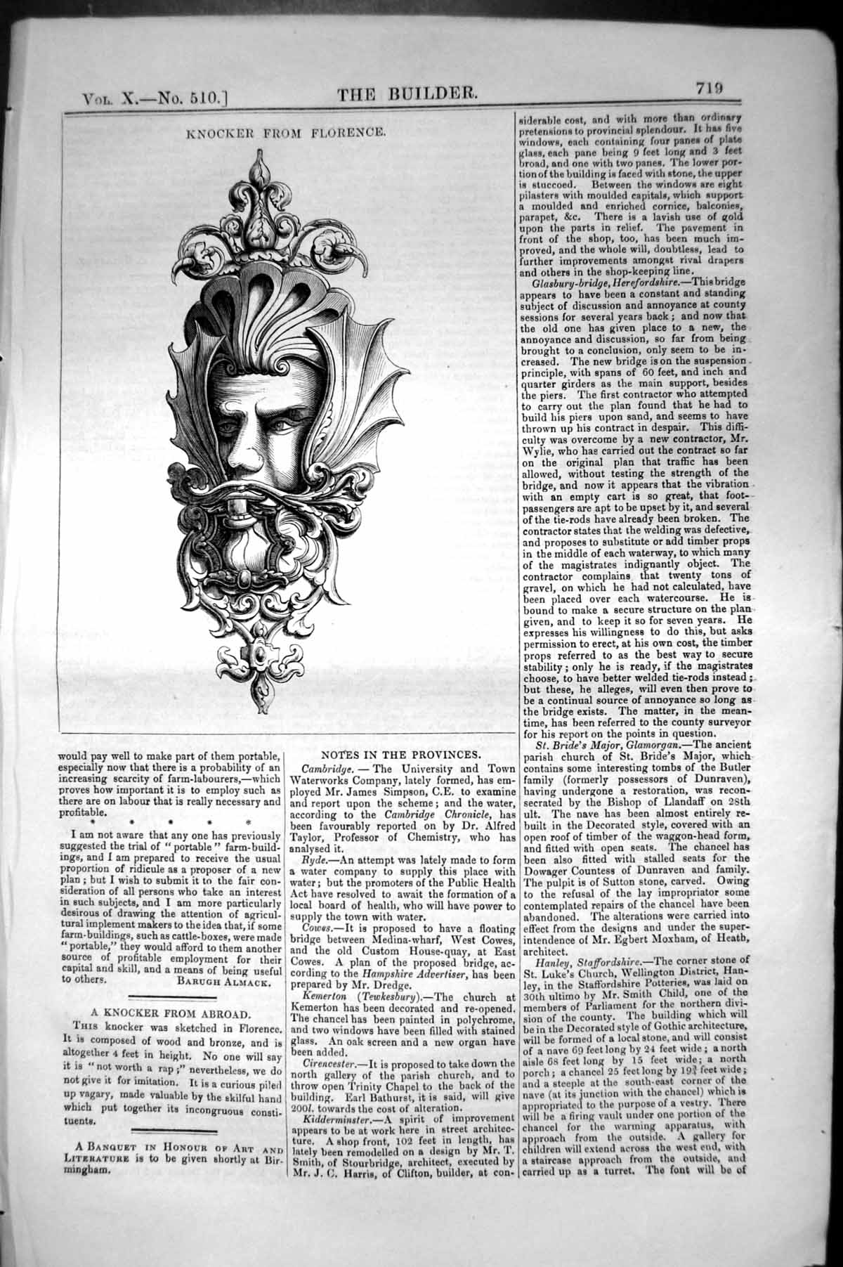Old Antique Print Door Knocker Florence Italy Architecture 1852 Builder 19th