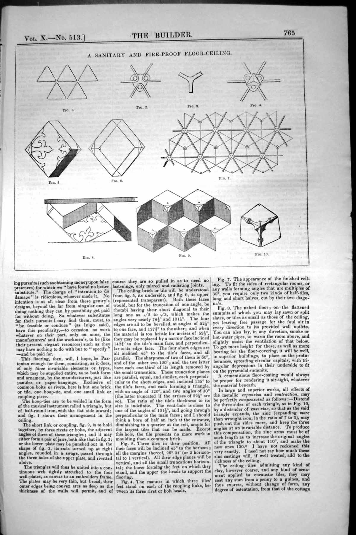 Original Old Antique Print Sanitary Fire-ProFloor Ceiling 1852 Builder 19th