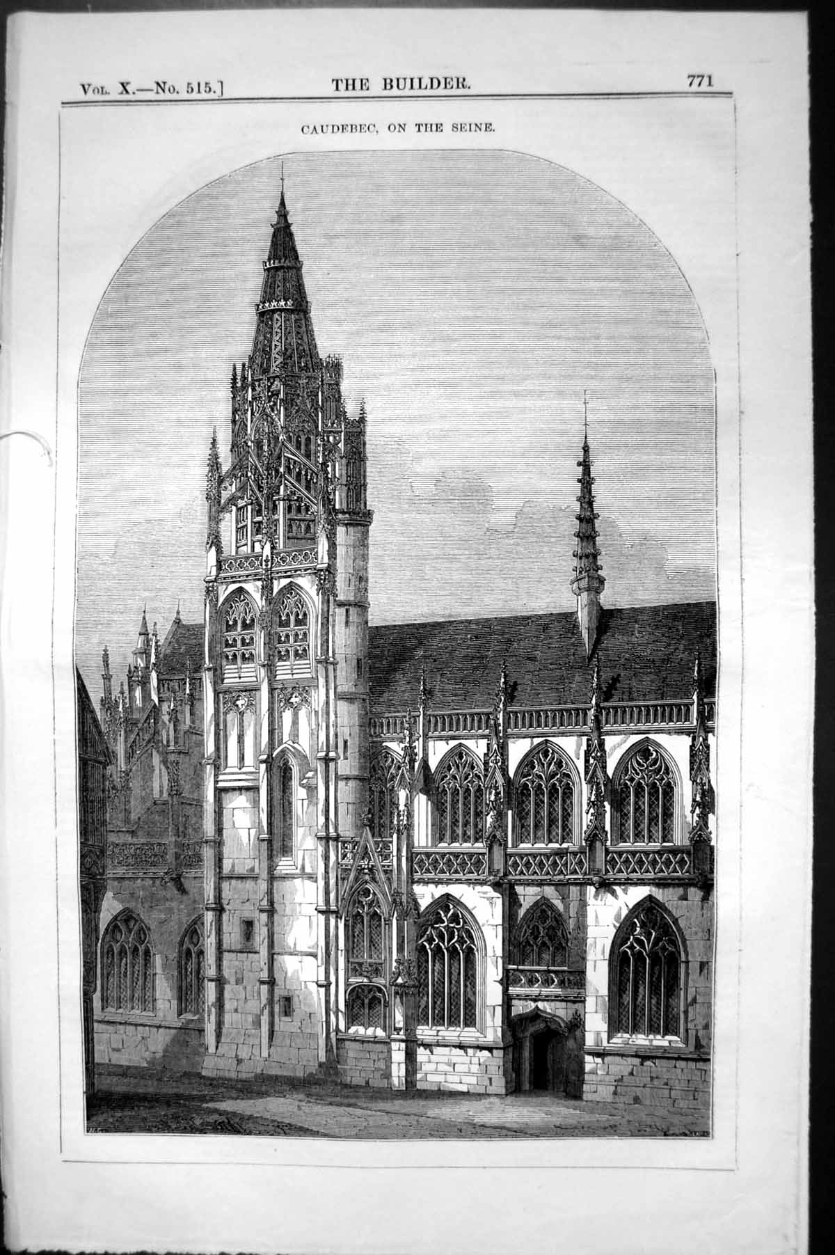 Antique Old Print Exterior Caudebec Seine Cathedral Architecture 1852 Builder