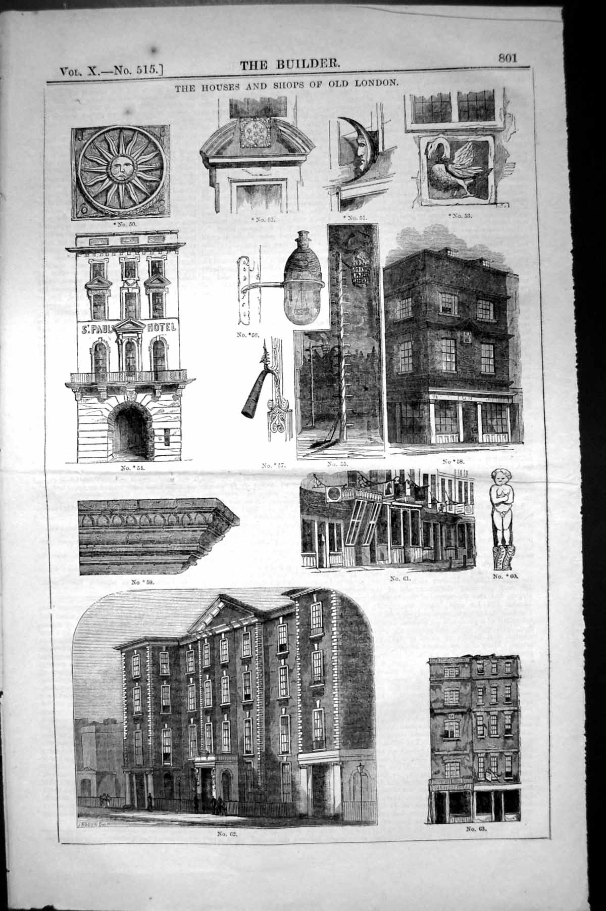 Old Print Houses Shops London Buildings Windows Architecture 1852 Builder 19th