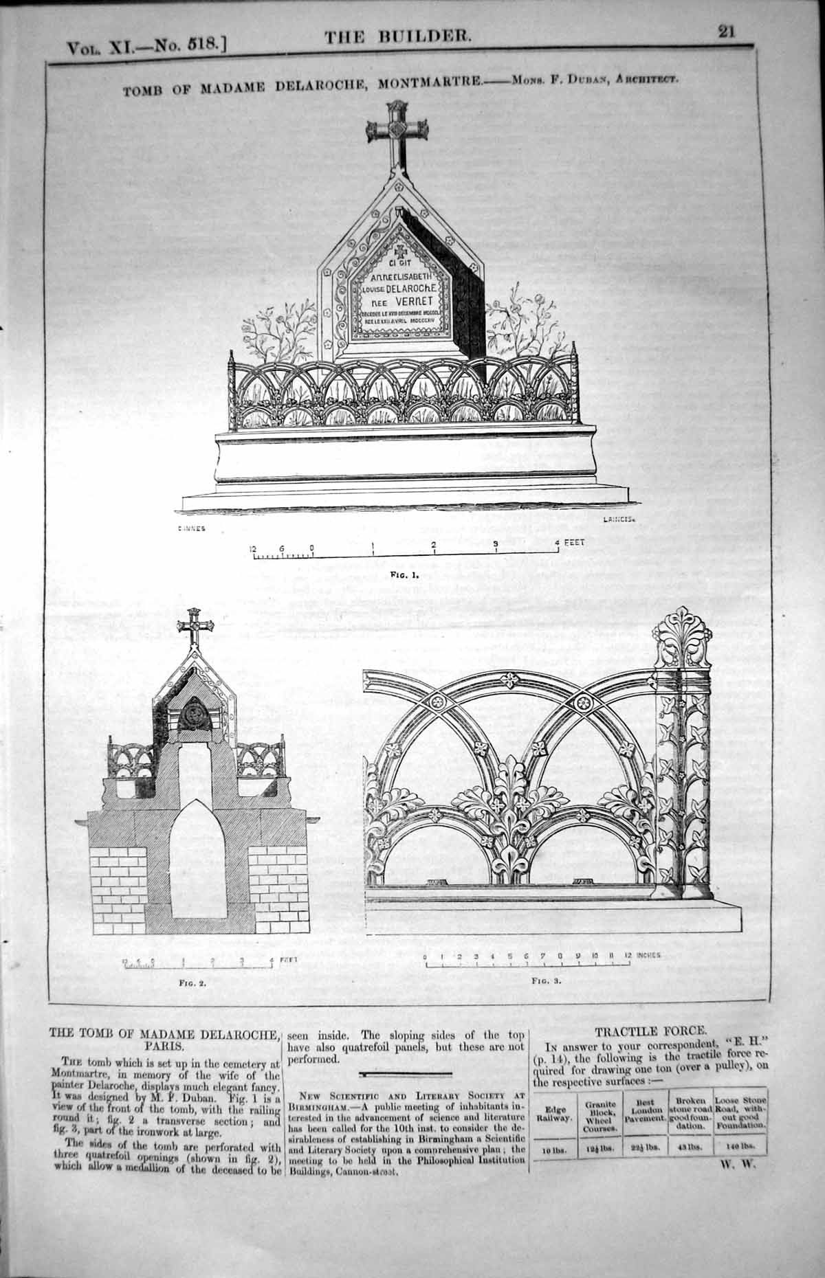 Old Print Tomb Madame Delaroche Montmartre Mons. F. Duban Architect 1853 19th