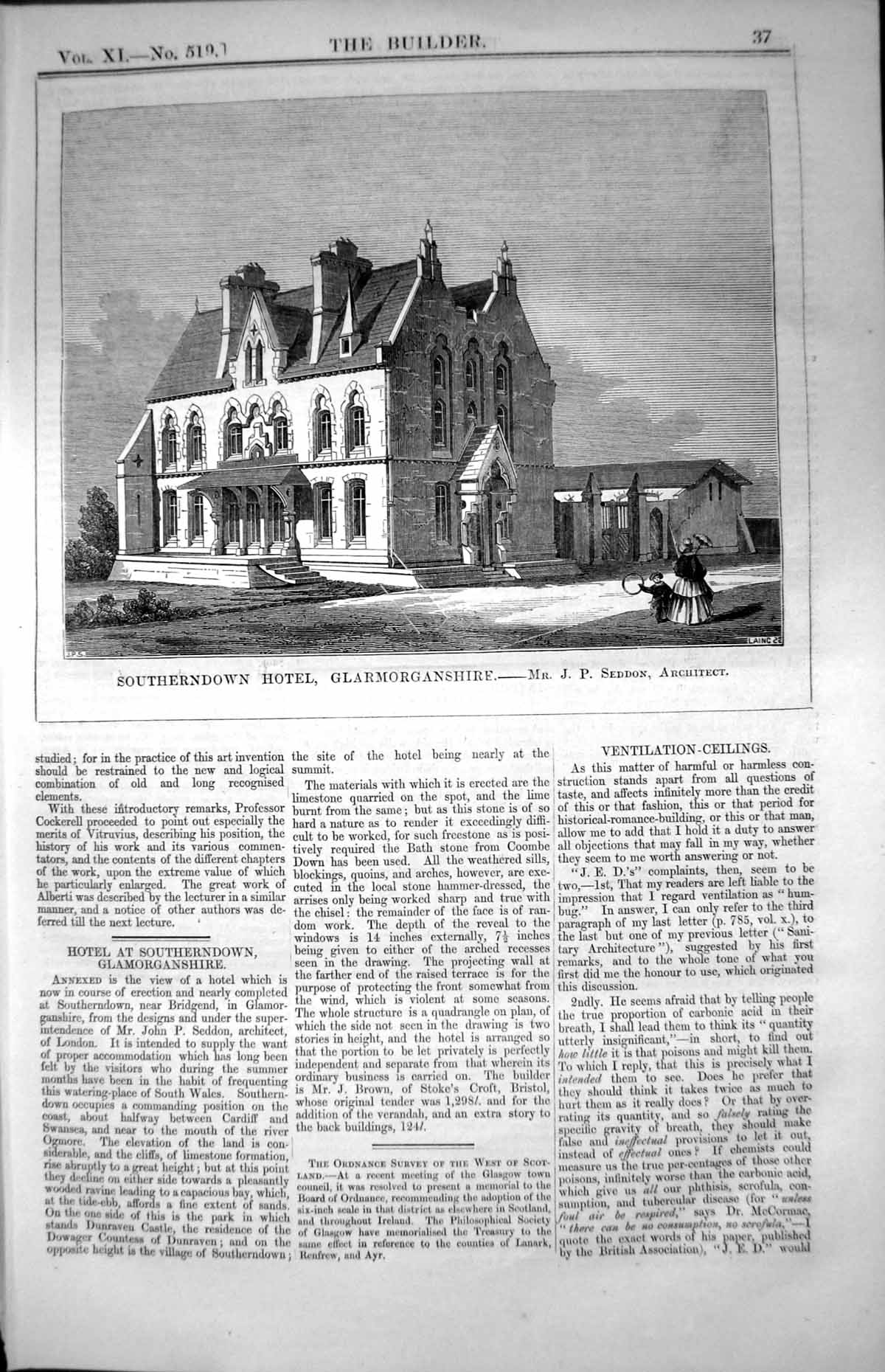 Antique Old Print Southerndown Hotel Glamorganshire J.P.Seddon Architect 1853