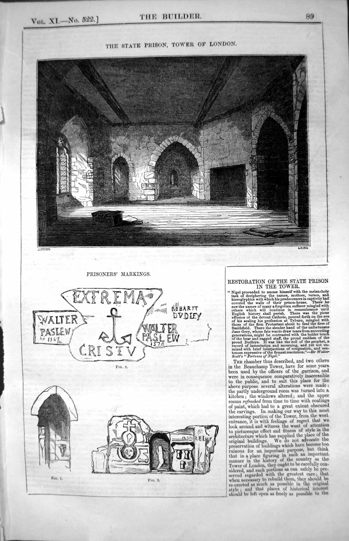 Old Print State Prison Tower London Prisoners' Markings Restoration 1853 19th