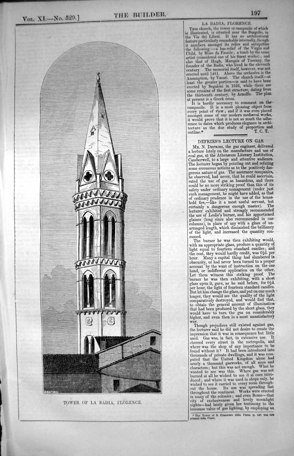 Antique Old Print Tower La Badia Florence T.C. Tinkler Church Tower Text 1853