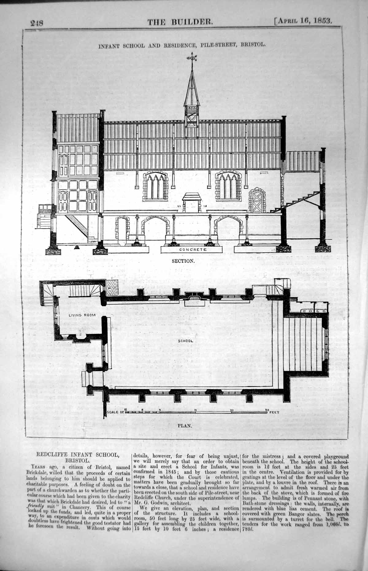 Old Redcliffe Infant School & Residence Pile Street Bristol Plan 1853 Victorian