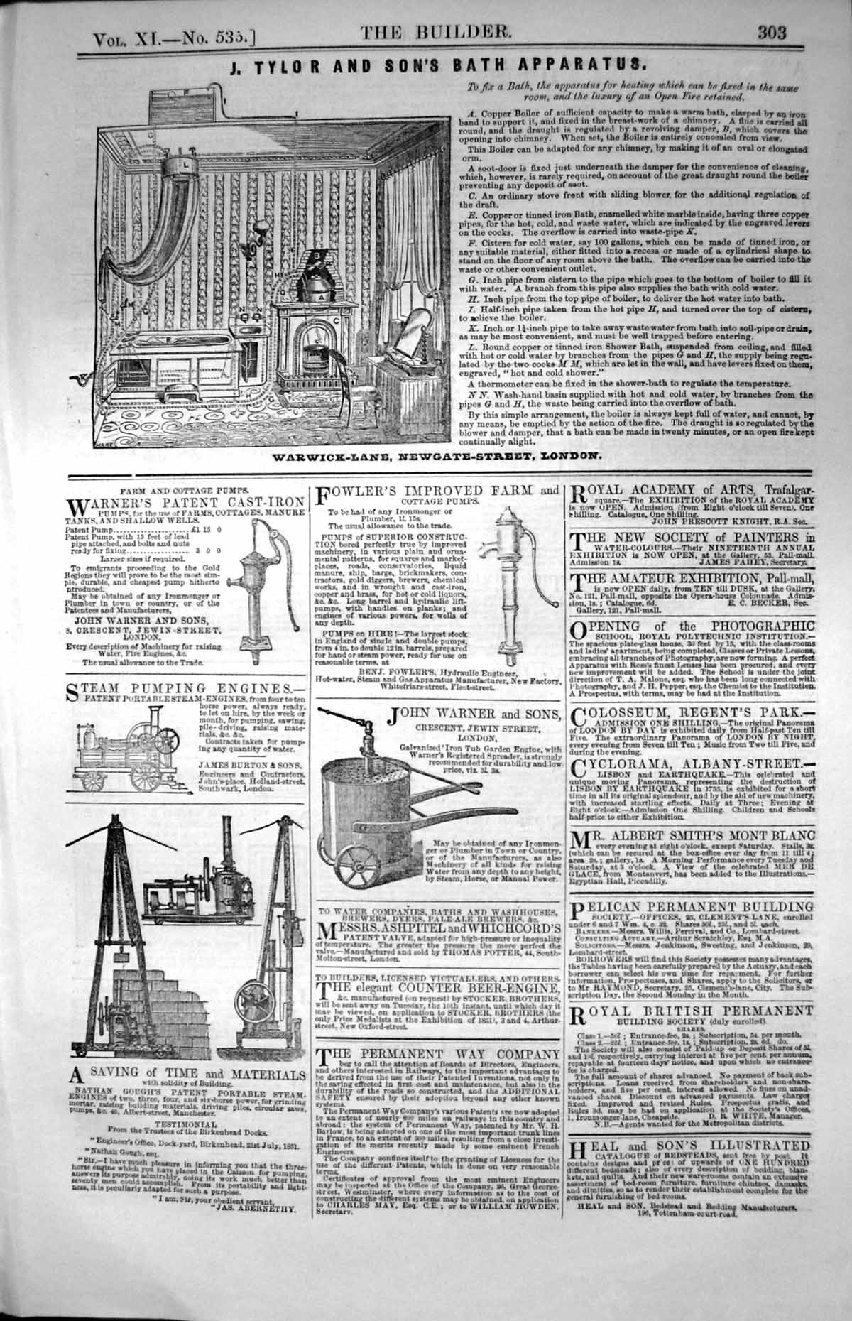 Old Print Advertisements Bath Apparatus Pumps Steam Engine Iron Tub 1853 19th