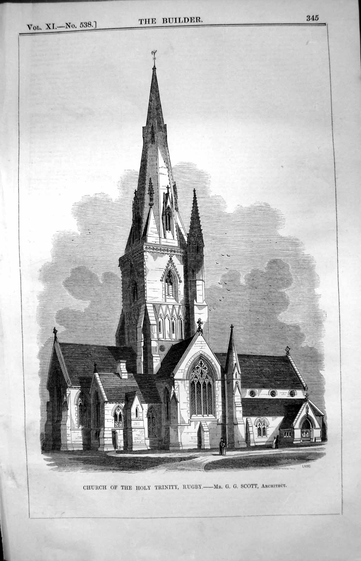 Antique Old Print Church The Holy Trinity Rugby Mr. G.G. Scott Architect 1853