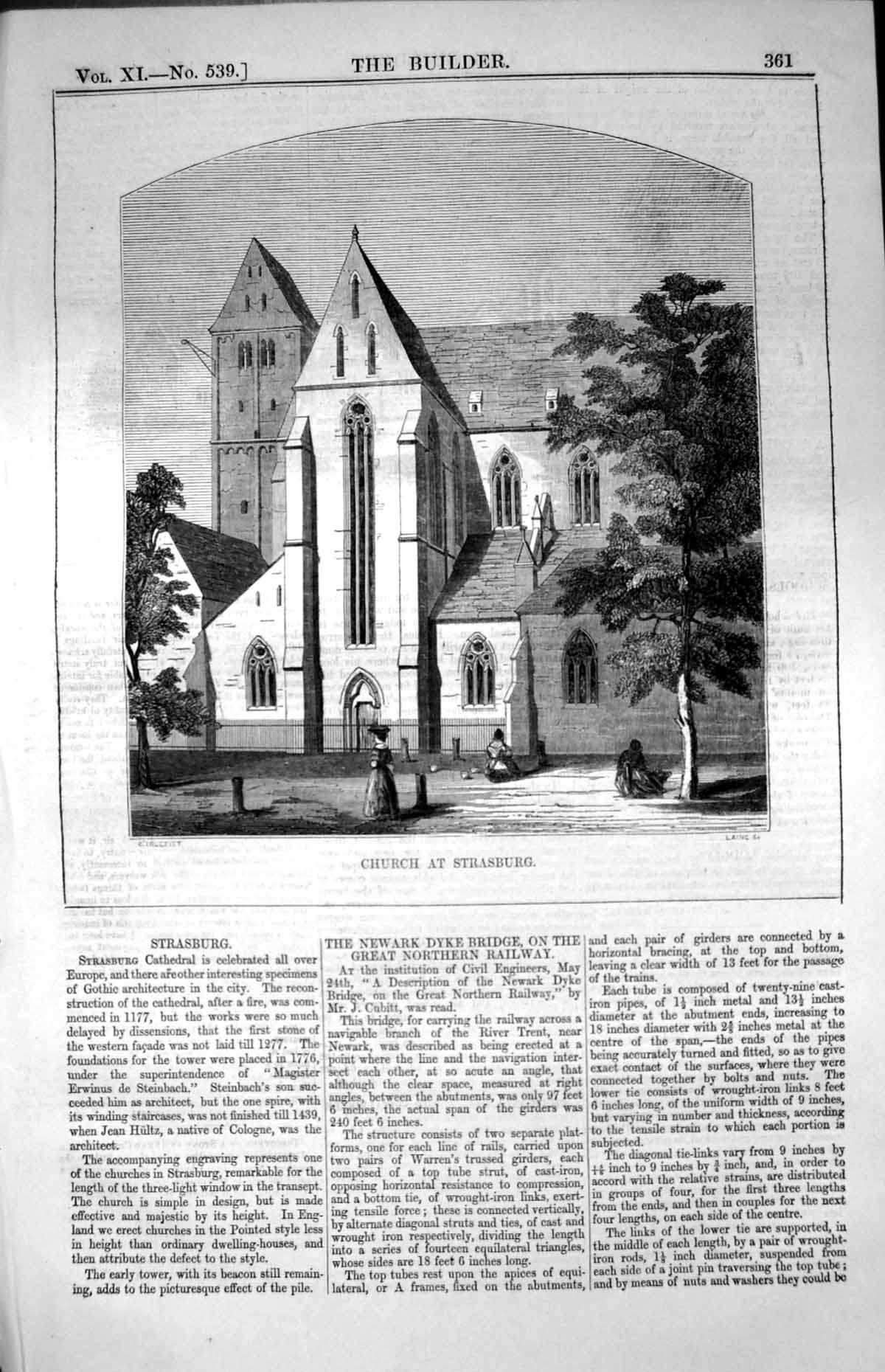 Antique Print Church Strasburg Gothic Architecture Reconstructed Fire 1853 19th