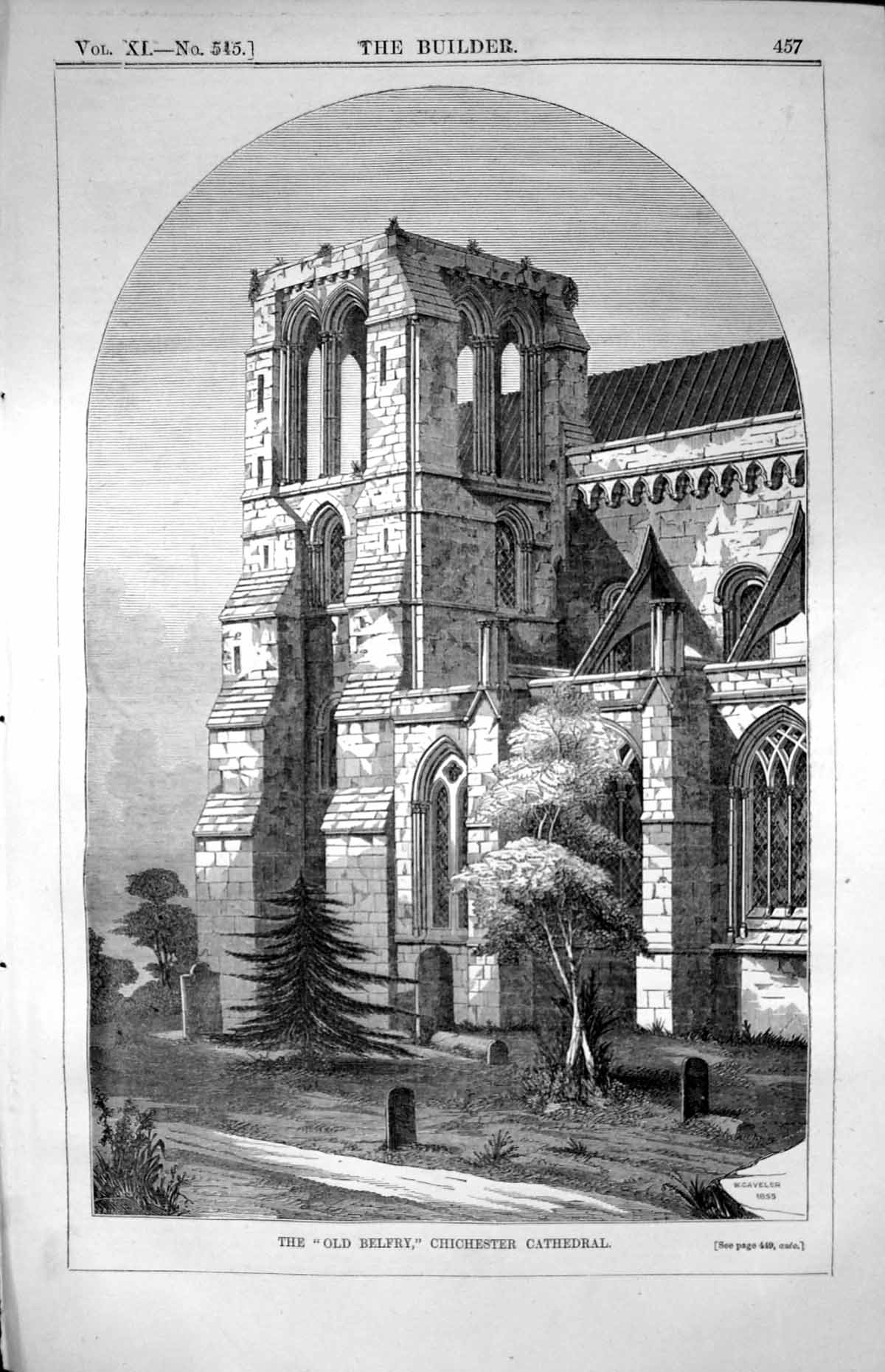 Antique Print The Belfy Chichester Cathedral W. Gaveler Graveyard Trees 185