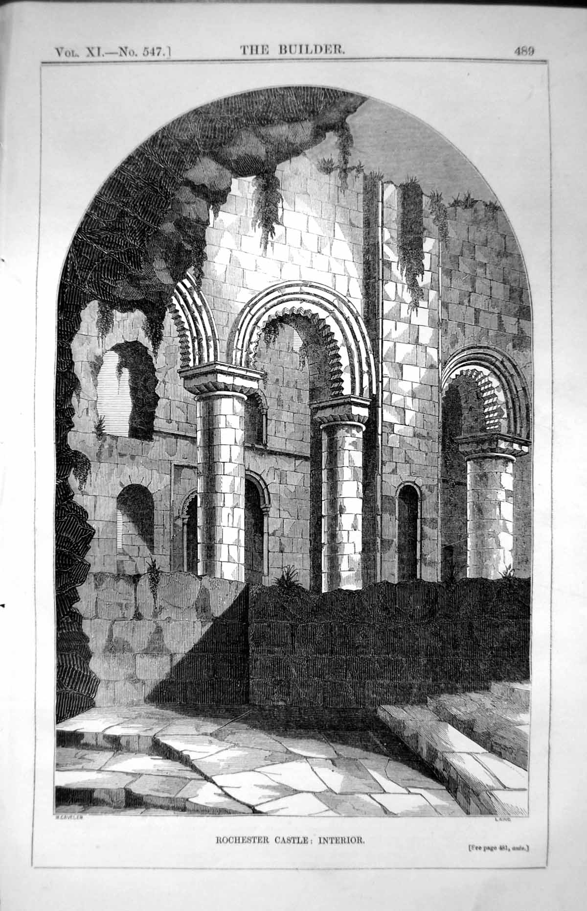 Antique Old Print Rochester Castle Interior Stonework Columns Stairway 1853