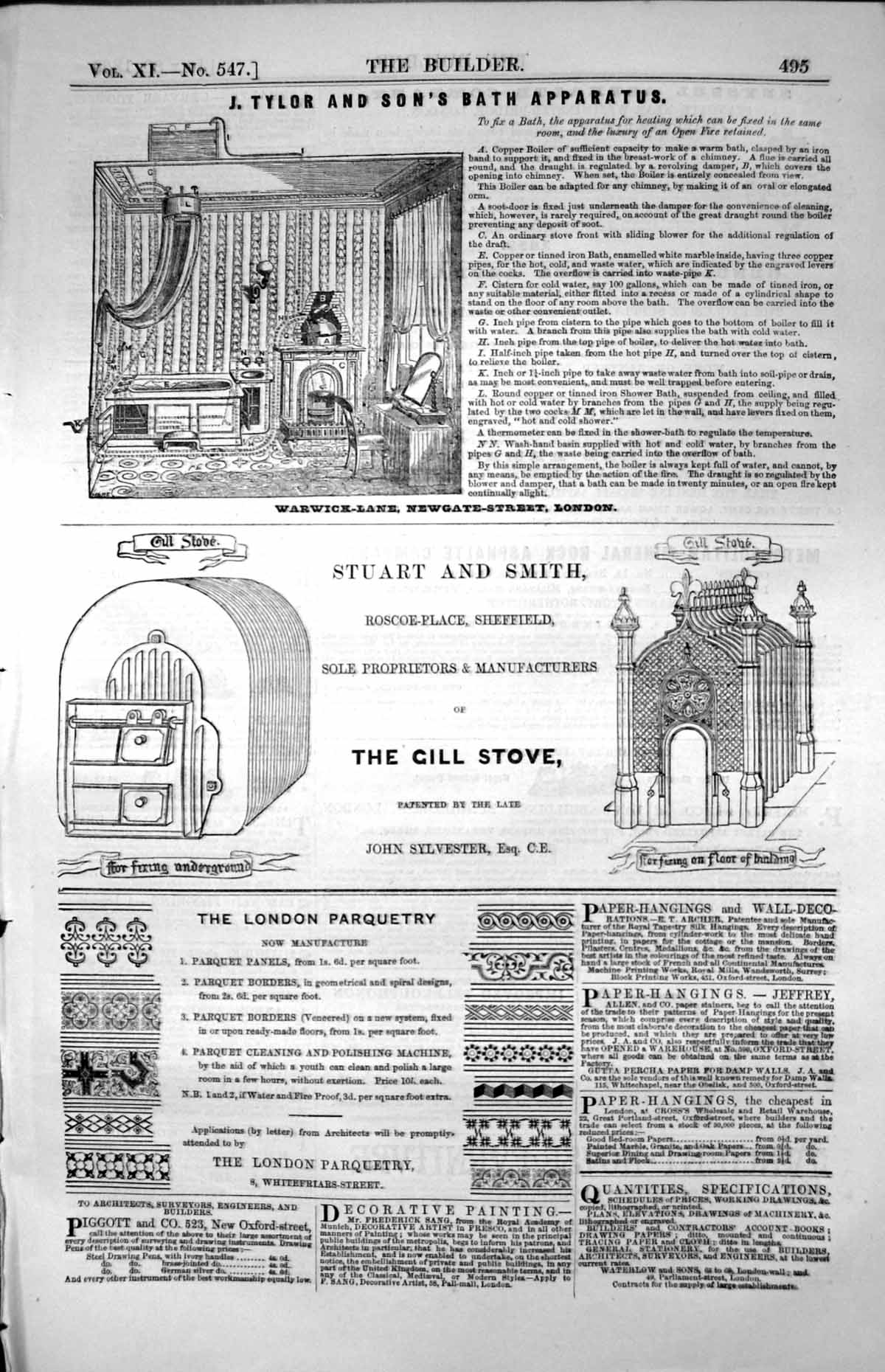 Old Advertisements Bath Apparatus Gill Stove Stuart & Smith Parquetry