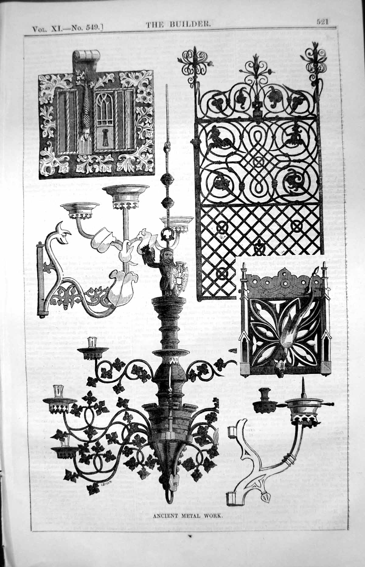 Antique Print Ancient Metal Work Sconce Gateway Lock Handle Candelabra 1853