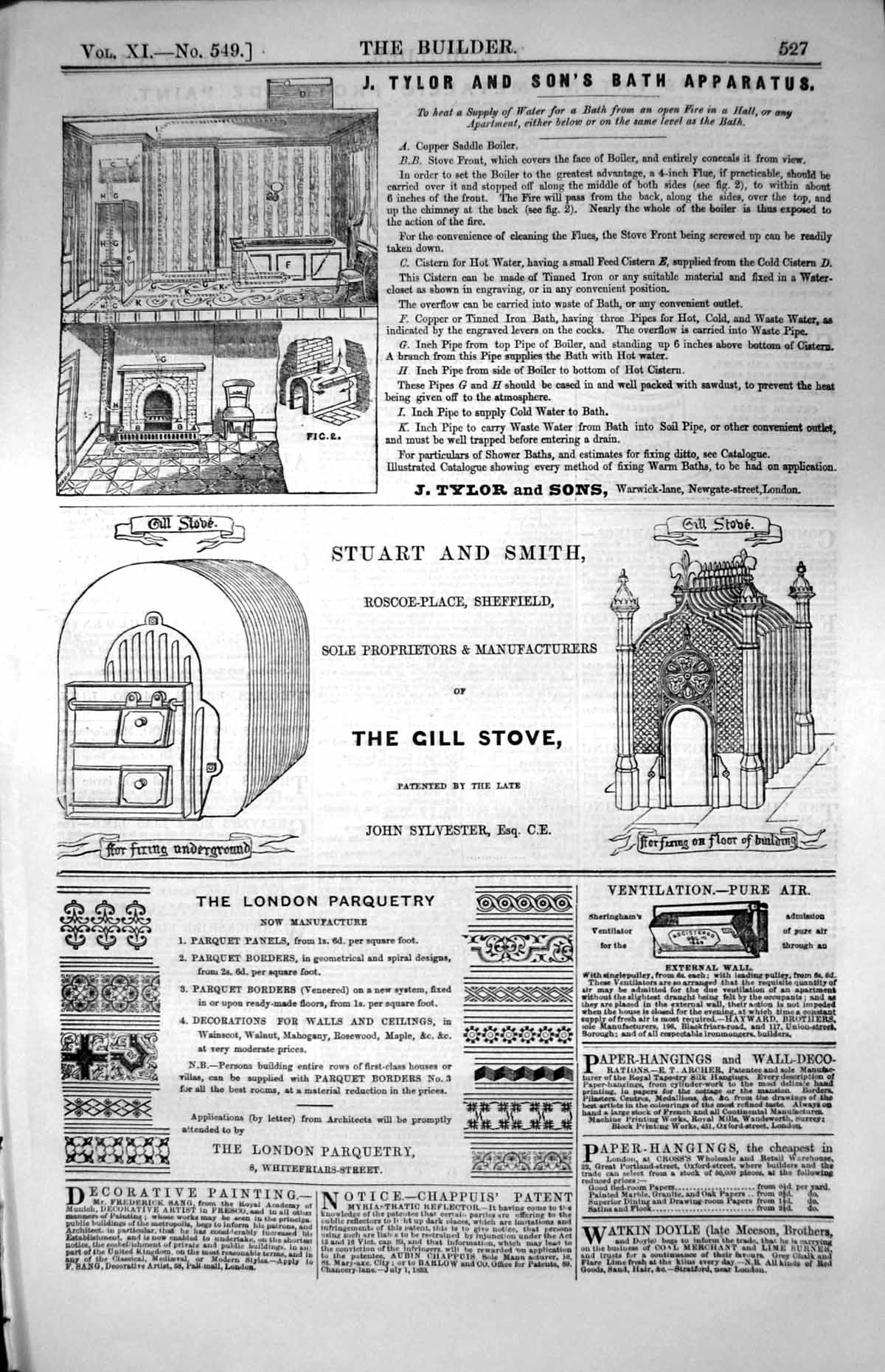 Old Adverts Bath Apparatus Gill Stove Sheffield London Parquetry 1853 Victorian