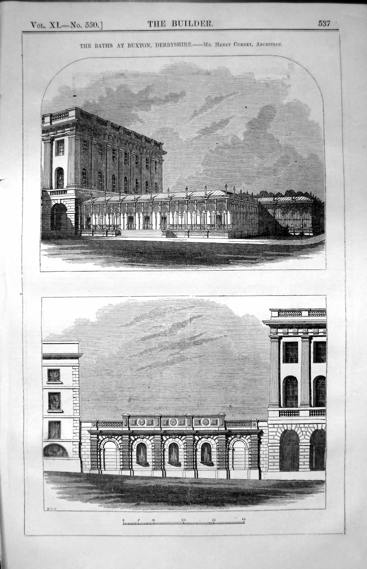 Antique Print Buxton Baths Derbyshire Mr. Henry Currey Architect Views 1853