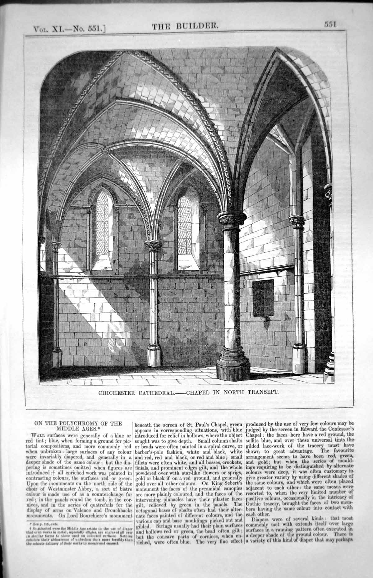 Old Print Chichester Cathedral Chapel North Transept Columns Arches 1853 19th