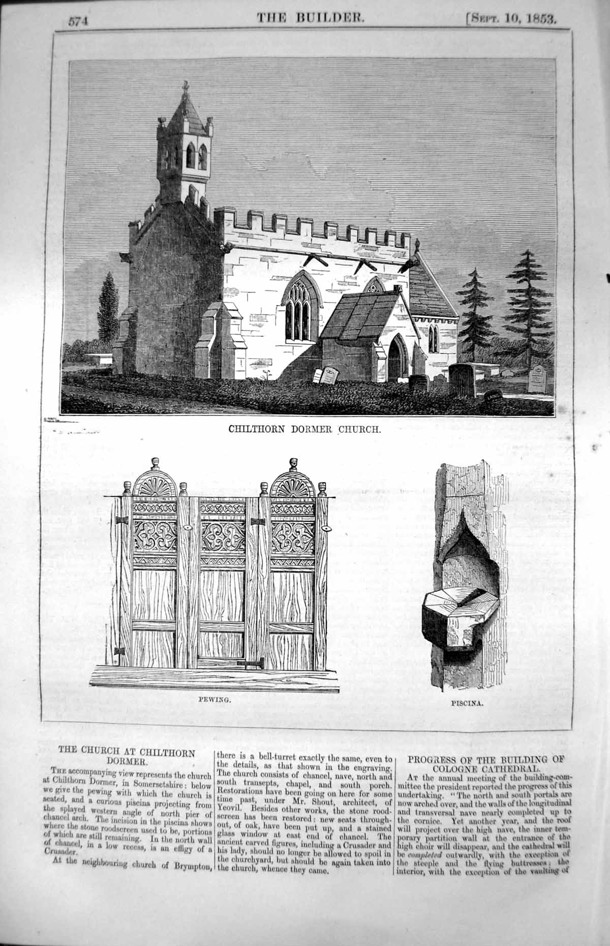 Antique Old Print Church Chilthorn Dormer Somersetshire Pewing Piscina 1853