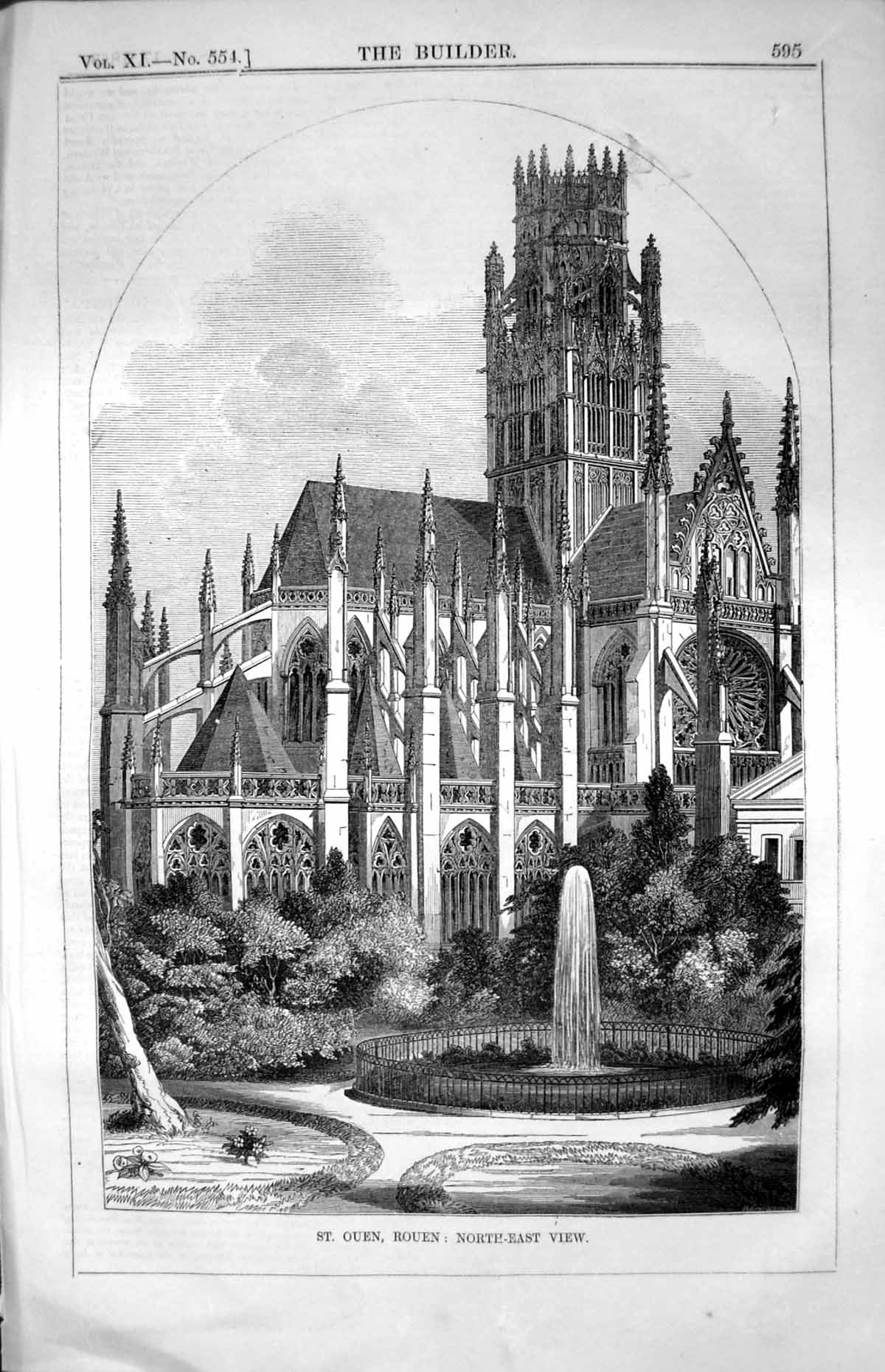 Old St. Ouen Rouen North-East View Windows Tower Fountain Trees 1853 Victorian