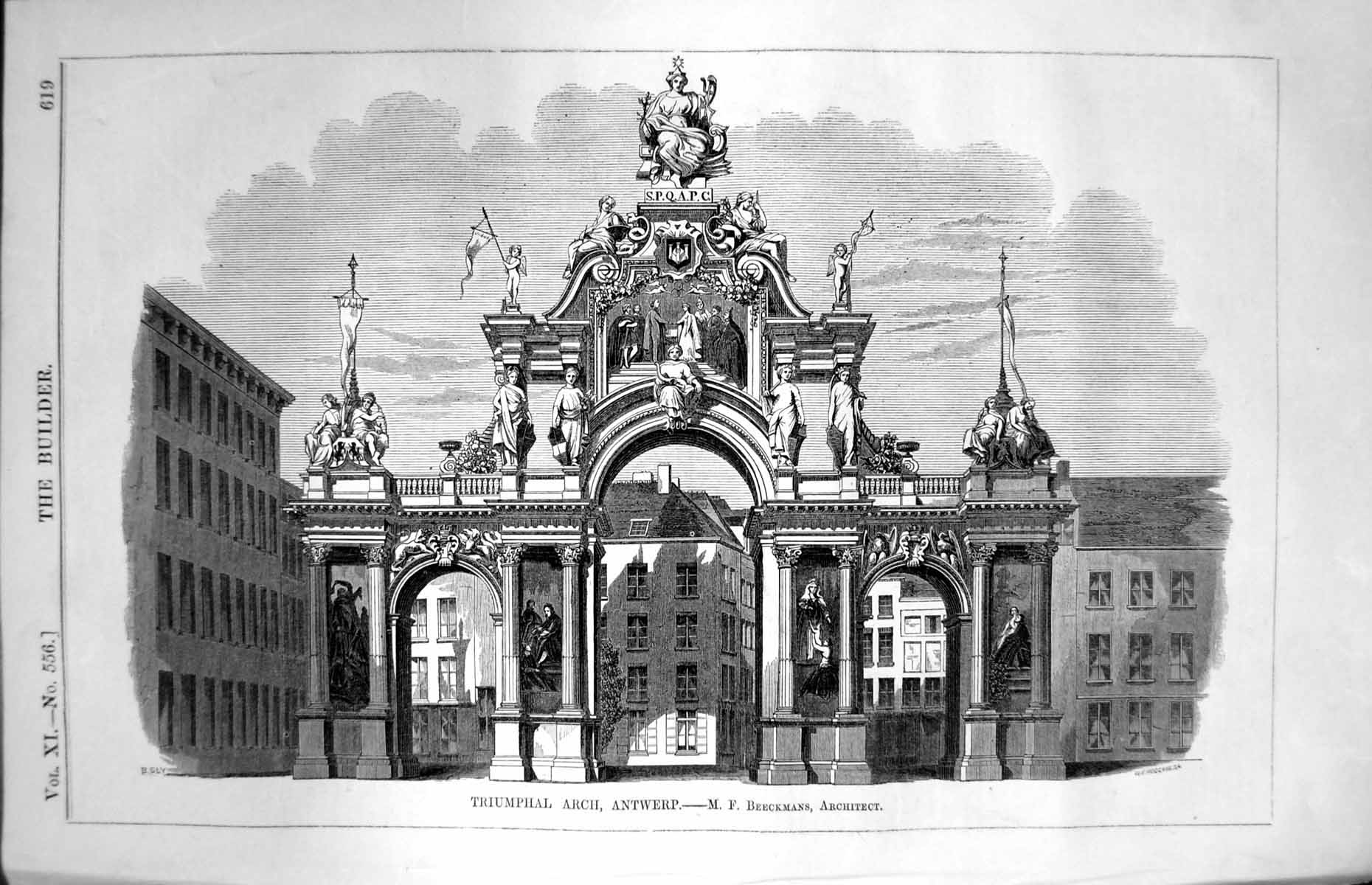 Old Print Triumphal Arch Antwerp M.F. Beekmans Architect Sculptures 1853 19th