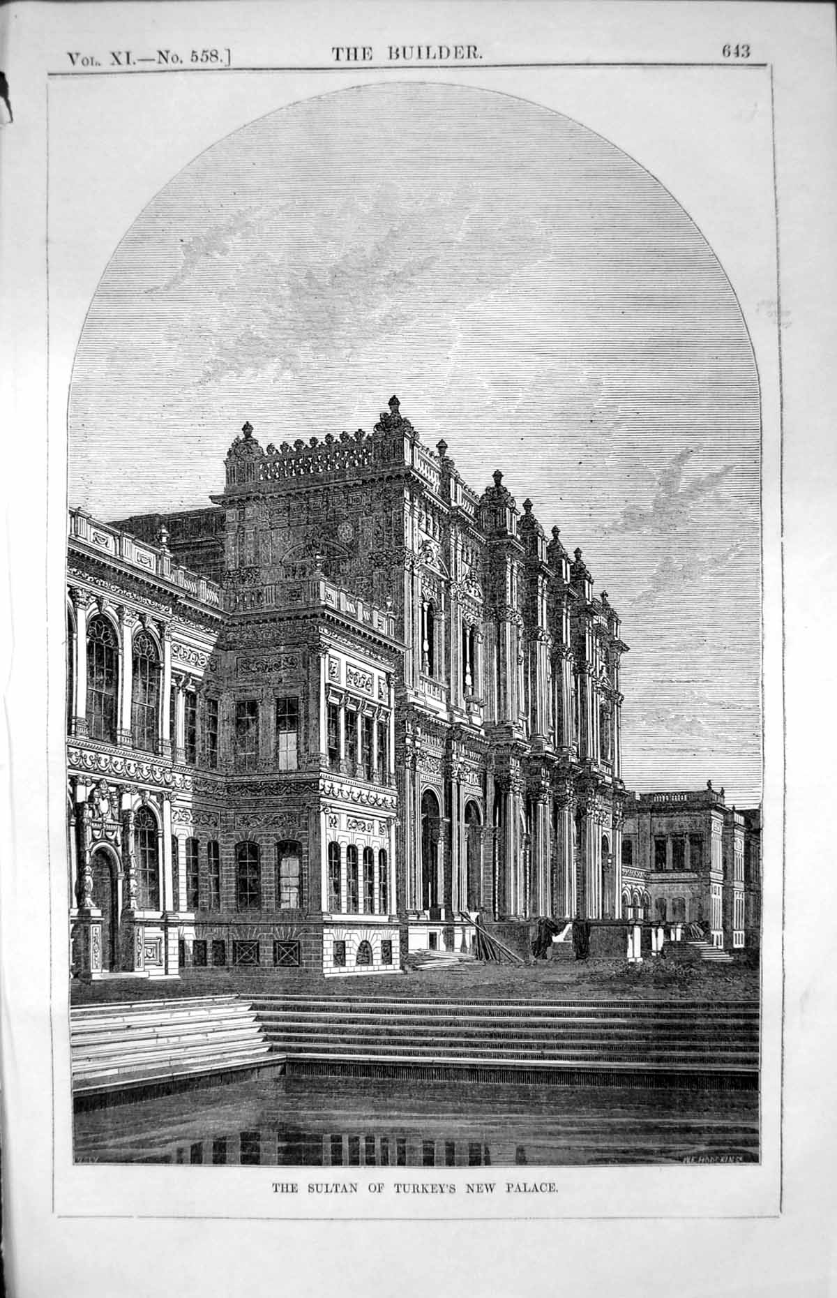Antique Old Print Sultan Turkey New Palace Exterior Columns Steps Water 1853