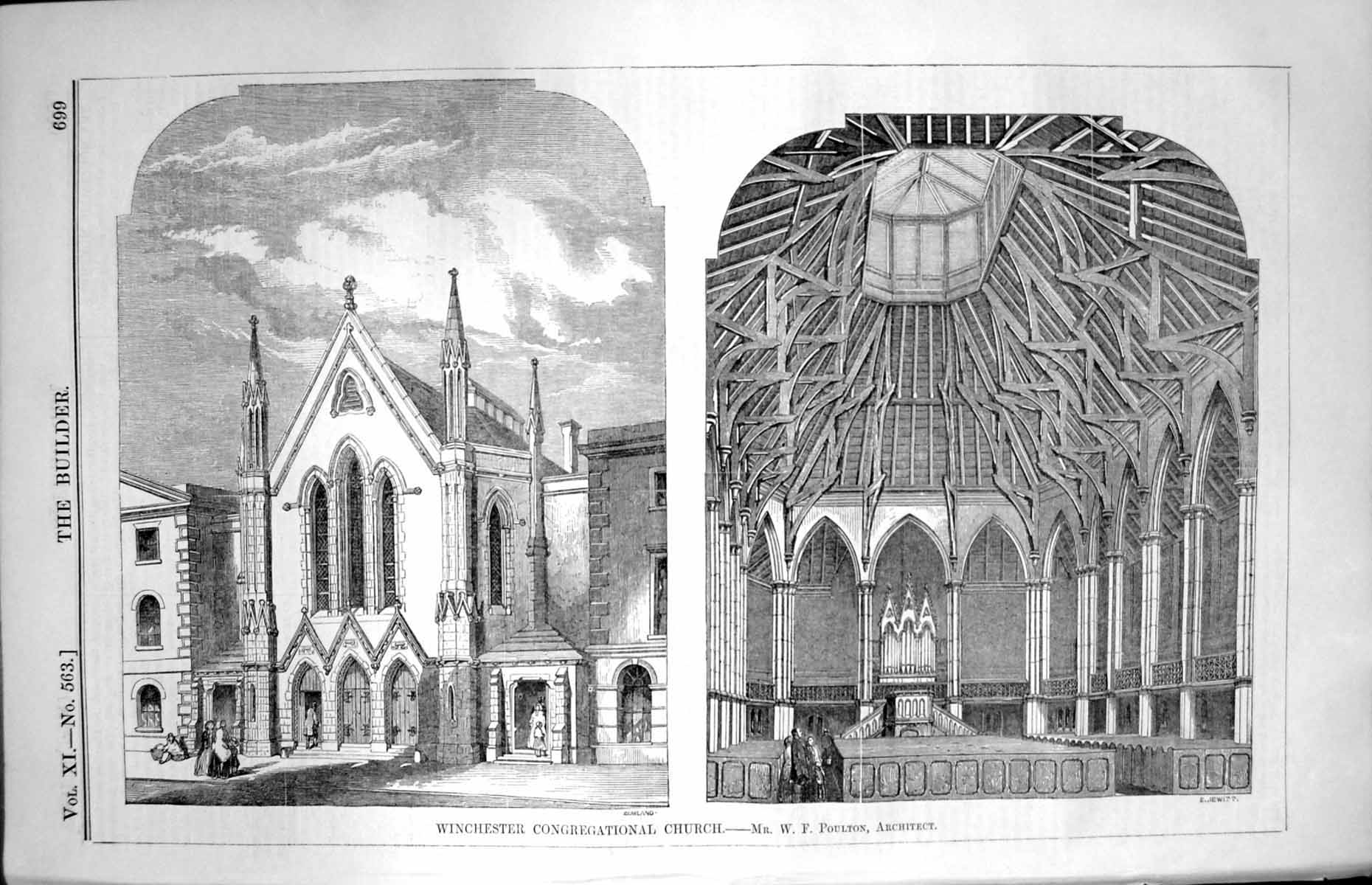 Old Print Winchester Congregational Church Mr W.F. Poulton Architect 1853 19th