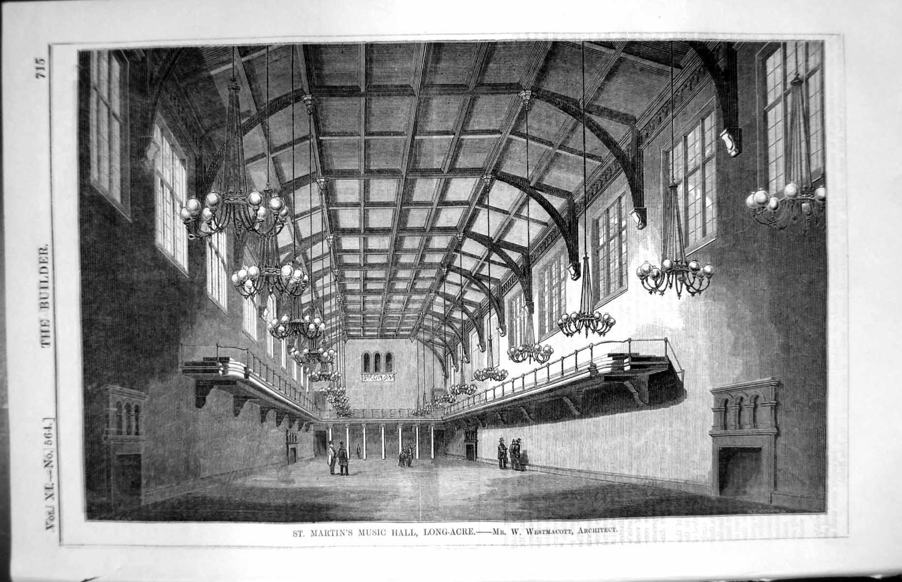 Old Print St. Martin'S Music Hall Long Acre Architect W. Westmacott 1853 19th