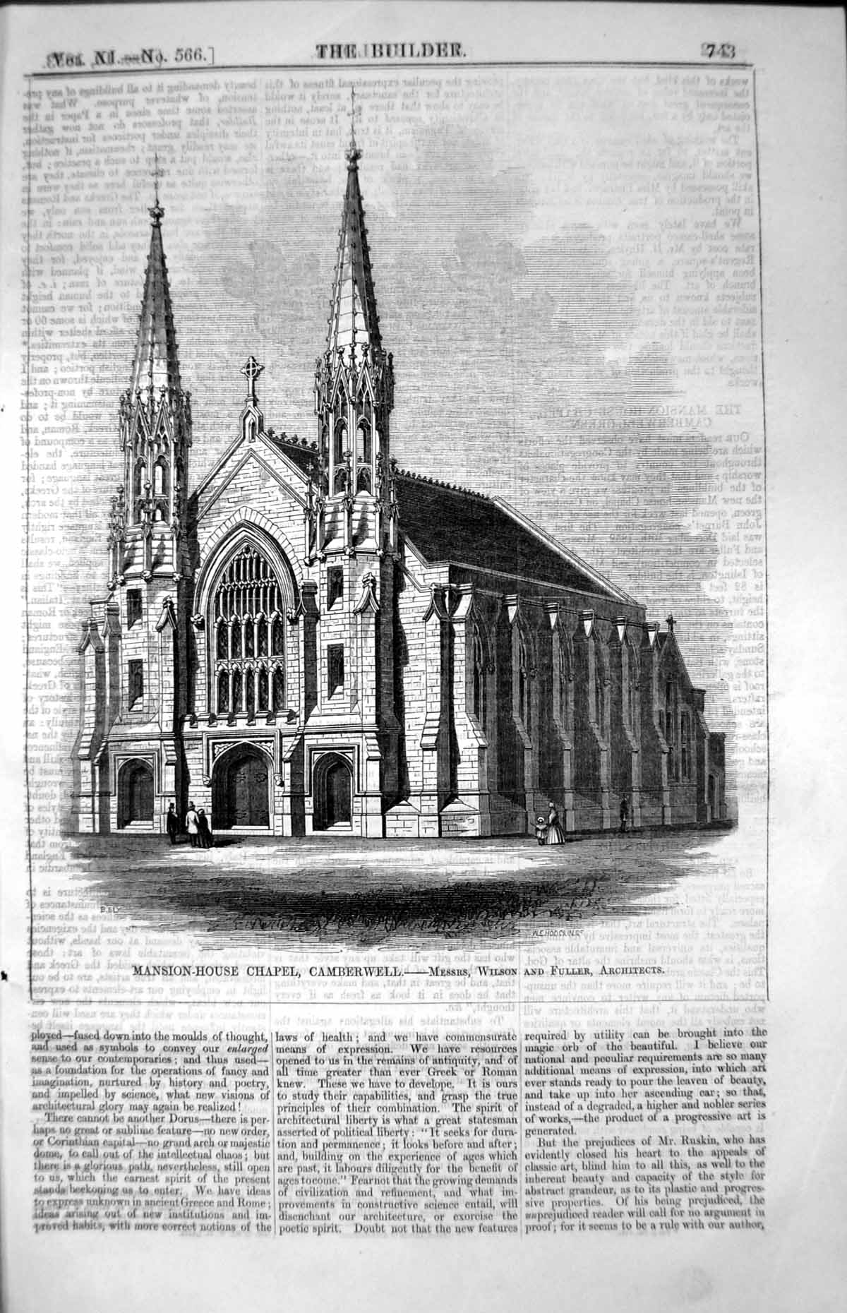 Antique Print Mansion-House Chapel Camberwell Wilson Fuller Architects 1853