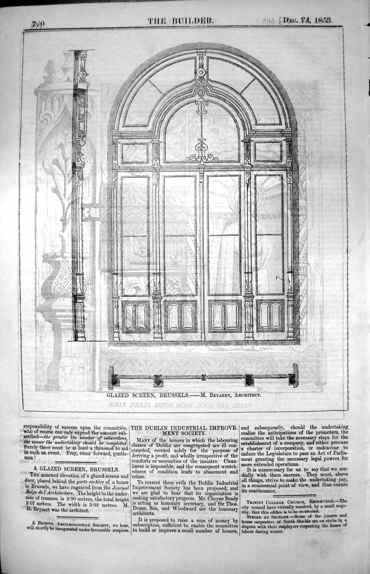Antique Old Print Glazed Screen Brussels M. Beyaert Architect Elevation 1853