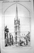 Old Print Spire St. James Church Louth Horses Townsfolk Houses Trees 1853 19th