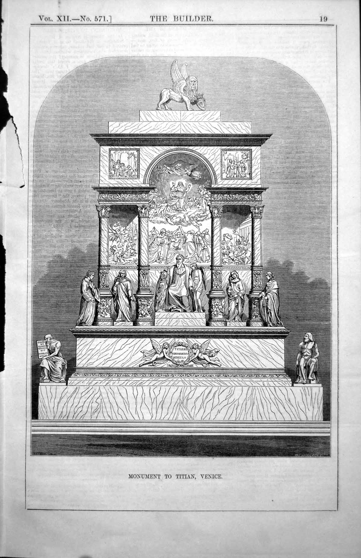 Old Antique Print Monument Titian Venice Lion Wings Carvings People 1854 19th